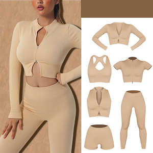 Ensemble de vêtements de sport pour homme sans coutures, 5 pièces : soutien-gorge de sport, haut à manches courtes, veste courte à manches longues, leggings taille haute - Product Image 1