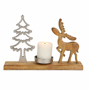 Support de bougie de Noël fait main en forme de renne et d'arbre avec base en bois de manguier naturel et support de bougie chauffe-plat festif en aluminium argenté de qualité supérieure - Product Image 2