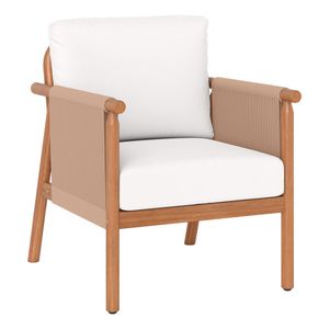 Sedia da Patio in Legno di Acacia Bianca Stile Boho con Braccioli in Corda Intrecciata e Seduta Imbottita per Portico e Balcone - Product Image 1