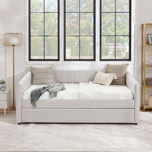 Divano letto matrimoniale in tessuto di lino beige con letto estraibile e strisce verticali imbottite (82,5"x58"x30") - Product Image 6