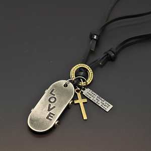 Fashion Pendant Necklace 2-Inch Pure Stainless Steel Silver Skate Love Pendant Adjustable Dark Brown Leather Rope for Men Boys - Product Image 6