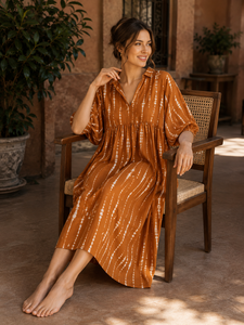 Vestido de Fiesta Marrón para Mujer, Estilo Bohemio, Tie Dye, 100% Algodón, Largo hasta el Suelo, Cuello en V, Manga Abullonada, Corte Moderno - Product Image 6