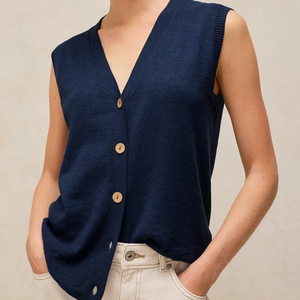 Gilet sans manches en tricot pour femme, col en V, couleur unie, fermeture à boutons, vêtement d'automne, 100% coton, style minimaliste - Product Image 2