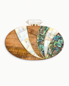 Bolso de mano ovalado de madera natural hecho a mano con incrustaciones de nácar y concha de abulón, minaudière de lujo ecológica para noche, venta al por mayor - Product Image 1