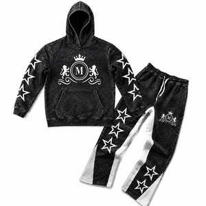 Black Acid Wash Hooded Tracksuit Set With <b>White</b> Stars And 350 gsm Full Length Drawstring <b>Pants</b> 100% Cotton Streetwear - Product Image 1