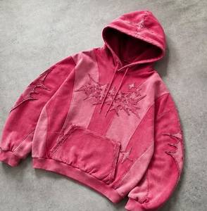 Oversized Pink Velour Hoodie Embroidered <b>Star</b> <b>Design</b> Men's Streetwear Regular Fit Autumn Wear - Product Image 3