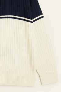 Cardigan côtelé crème pour homme, manches longues, col rabattu avec fermeture éclair 1/4, coupe classique, 100 % coton, idéal pour l'automne - Product Image 2