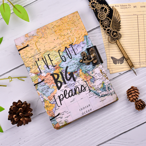 Carnet de notes vintage fait main A5 avec cadenas, thème voyage carte du monde |   Journal d'aventure de 100 pages, planificateur Wanderlust, papeterie cadeau - Product Image 1