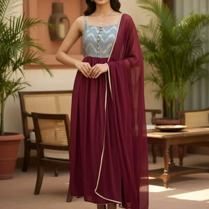 Conjunto de Kurta Larga con Pantalón y Dupatta de Chifón para Mujer, 3 Piezas, Traje Étnico Festivo Elegante, Estilo Indio-Pakistaní - Product Image 1