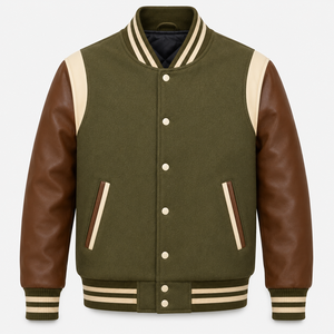 Veste de baseball pour homme de style universitaire décontracté, couleur vert olive, avec manches en cuir marron et bordures crème - Product Image 1
