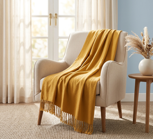 Manta de invierno con borlas color mostaza, suave funda de cojín con flecos para sofá, ropa de cama de algodón orgánico, textil decorativo portátil para el hogar. - Product Image 4
