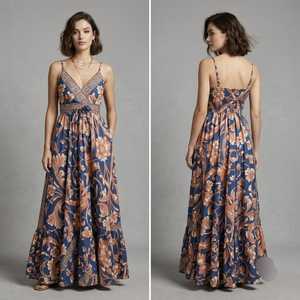 Robe décontractée pour femme, style bohème, imprimé floral, en mélange de coton tissé, longueur ras du sol, col en V, bretelles spaghetti, coupe trapèze, taille élastique, coupe classique - Product Image 3