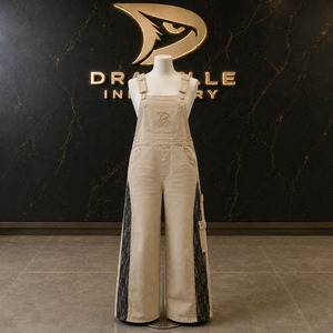 Ivory White Wide Leg Overalls <b>Black</b> Lace Insert Pearl Studded Feminine Y2K Streetwear Trousers - Product Image 1