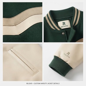 Veste universitaire pour homme vert foncé avec manches en simili cuir crème, veste bomber en mélange de laine, veste letterman à boutons pression - Product Image 5