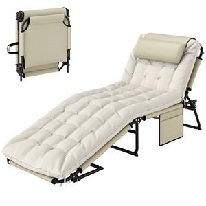 Sdraio Pieghevole Beige per Piscina, 4 Livelli di Reclinazione, Cuscino Posteriore, Tasca Laterale, Poggiatesta per Hotel e Piscine, in Rattan e Ferro - Product Image 1