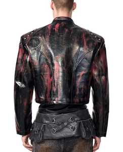เสื้อแจ็คเก็ตหนัง PU สีดำแดงสำหรับผู้ชาย คอตั้ง ซิปปิด ทรงเข้ารูป สั้น ตกแต่งพู่ลายนูน กันลม สำหรับฤดูหนาว - Product Image 2