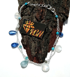 Natural Blue Kyanite & Moonstone Charm <b>Bracelet</b>, 925 Silver Layered Gemstone <b>Bracelets</b>, Delicate Layered Chain Jewelry - Product Image 5