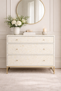 Buffet de salle à manger en bois massif fait main avec incrustations en os, armoire à tiroirs laquée blanche, console de rangement, meuble moderne pour salon - Product Image 1