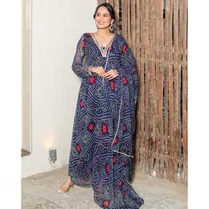 Ensemble de costume de fête Brinda Blue Bandhani à col en V et taille ample, tissu tissé respirant avec broderie, taille XS - Product Image 4