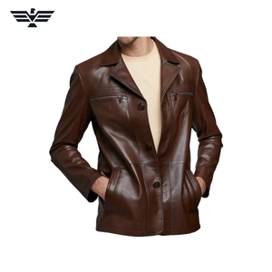 Chaqueta de Cuero Genuino Marrón para Hombre EMPIRE TREND WEARS, Cuello Redondo, Estilo Casual para Otoño, Cierre de Cremallera, Bolsillos, Secado Rápido, Gruesa - Product Image 1