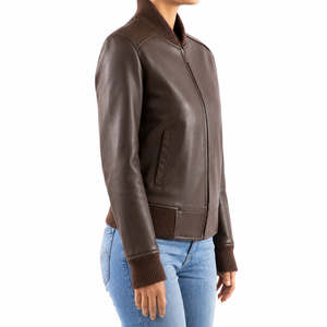 <b>Women's</b> Cow Skin Genuine <b>Leather</b> Eco-Friendly Windproof <b>Bomber</b> <b>Jacket</b> Logo Stand Collar Full Sleeve Zipper Closure Solid Color - Product Image 2