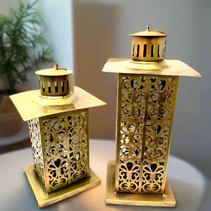 Traditional <b>Brass</b> Rectangular <b>Lantern</b> Set With Intricate Cutout Design For Home Decoration Durable Metal Craft - Product Image 1