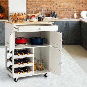 Carrello da Cucina con Piano in Legno di Gomma, 3 Ripiani Portabottiglie, 2 Armadietti - per Conservazione Bar - Product Image 6