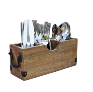 Organizador de Cubiertos de Madera con Asa Metálica, Porta Utensilios Multicompartimentos, Cesta de Almacenamiento Rústica para Cubiertos de Cocina - Product Image 4