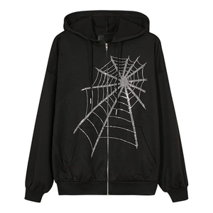 Sudadera Negra con Capucha y Cierre para Hombre, Estampado de Telaraña Brillante, Estilo Casual para Otoño - Product Image 1