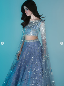 Elegant Blue Gradient Glitter Print Silk Satin <b>Lehenga</b> Choli <b>Women</b> Wedding Wear India Pakistan Floor Length Regular Fit SADIA - Product Image 3