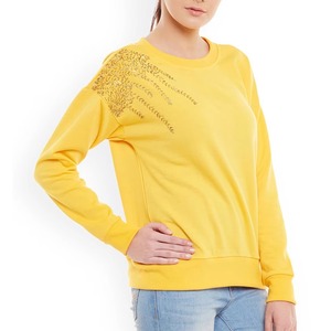 เสื้อสเวตเชิ้ตผู้หญิงสีเหลืองประดับลูกปัดที่ไหล่ ปักลายลูกปัดสีทอง คอกลม เสื้อพูลโอเวอร์ผ้าฝ้าย แฟชั่น OEM ขายส่ง - Product Image 4