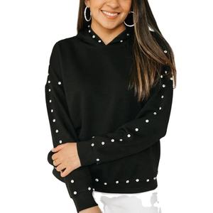 <b>Womens</b> <b>Black</b> Pearl Embellished Hoodie Custom Rhinestone Studded Pullover Sweatshirt Streetwear OEM Manufacturer - Product Image 2