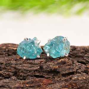 Handmade Raw <b>Blue</b> Apatite <b>Stud</b> <b>Earrings</b> Sterling Silver Healing Crystal Jewelry - Product Image 1