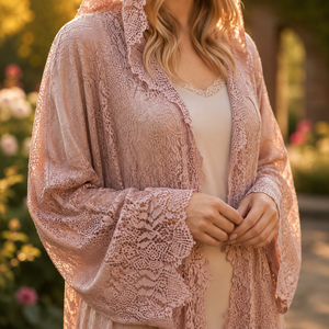 Abaya de Lujo con Encaje y Capucha Abierta para Mujer – Elegante y Modesta Abaya Maxi Estilo Kimono con Ribete de Encaje Floral de Primera Calidad - Product Image 5