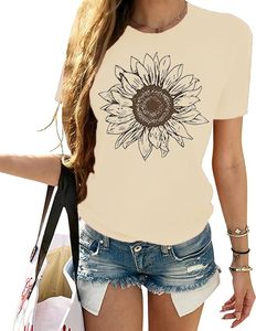 T-shirt en coton respirant pour femme, imprimé tournesol, coupe slim rétro, tricoté, décontracté, à manches courtes, pour l'été - Product Image 1