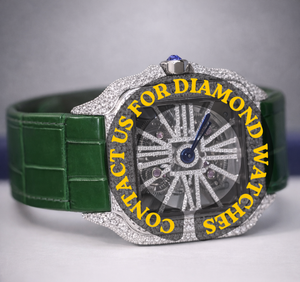Shiny Custom Green Leather Band Square <b>Case</b> Skeleton Dial Moissanite Diamond Bust Down Mechanical Unique Branded Collection - Product Image 4