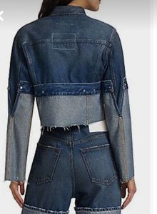 <b>Cropped</b> <b>Denim</b> <b>Jacket</b> Women Color Blocked Button Front Long Sleeve Distressed Wash Casual Autumn Style - Product Image 3
