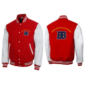 เสื้อแจ็คเก็ตวาร์ซิตี้ Baba Bashir สีแดงขาว ปักโลโก้ BB ด้านหน้า สไตล์ Preppy ทรงปกติสำหรับผู้ชาย เหมาะสำหรับใส่ในฤดูหนาว - Product Image 1