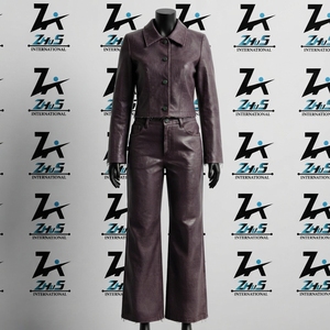 Survêtement en cuir uni pour femme avec logo personnalisé, col boutonné, manches longues, élégant, tenue d'automne, streetwear - Product Image 1