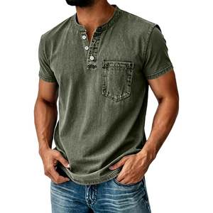 T-shirt pour homme en coton 100% lavé, fabriqué par OEM, col Henley, manches courtes, décontracté, effet délavé, vintage, coupe ample, été - Product Image 3