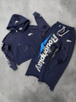 Ensemble survêtement streetwear personnalisé 100% coton, coupe oversize, effet délavé, zippé, avec pantalon évasé et sweat à capuche, style vintage usé pour homme