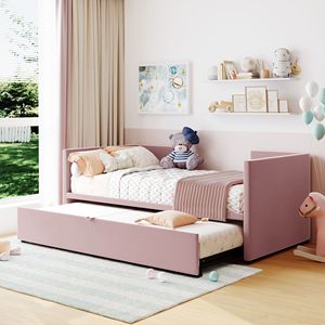Divano letto estraibile singolo (Twin Size) rosa con design elegante e imbottitura in tessuto - Product Image 2