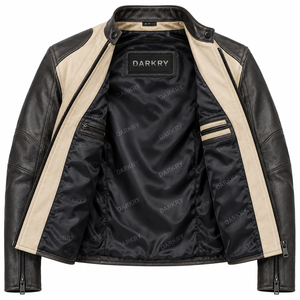 Blouson de moto en cuir noir et crème bicolore, col montant, fermeture éclair décalée, unisexe, vêtement d'extérieur pour motard, fabricant en gros - Product Image 5