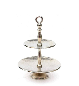 Soporte de Pastel de Metal de 2 Niveles, Plato Redondo Plateado con Textura Cepillada y Asa Central, Exhibidor de Panadería, Servidor de Buffet - Product Image 4