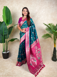 Sari de Seda Banarasi Premium con Tejido Zari, Prenda Étnica Festiva en Verde Loro, Rosa, Verde Pistacho, Morado y Violeta con Blusa sin Coser - Product Image 1