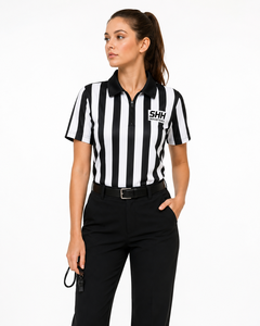 Men <b>Black</b> <b>White</b> Striped Referee Shirt Half Zip Polo Collar Short Sleeve Professional <b>Football</b> Officials Performance Game Jersey - Product Image 5