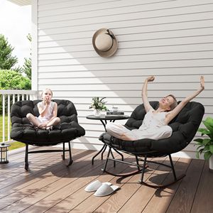 Set da Esterno con 2 Sedie a Dondolo Papasan Nere Oversize con Cuscini, Capacità 120 kg, per Giardino e Portico - Product Image 2