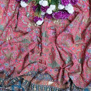 Coral Crepe <b>Floral</b> Embroidery Fabric Lightweight Woven 54 Inch Border Work Material <b>for</b> Women's Kurti Tunics Anarkali Gowns <b>Suit</b> - Product Image 5