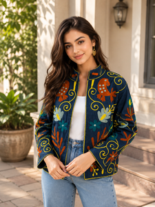 Hand Embroidered Velvet <b>Jacket</b> With Mandarin Collar Full Sleeve Floral <b>Pattern</b> Winter Style <b>Quilted</b> Design - Product Image 2