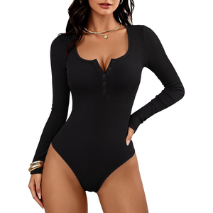 Body côtelé à manches longues pour femme, col Henley, boutons sur le devant, noir uni, coupe ajustée, confortable et écologique - Product Image 3